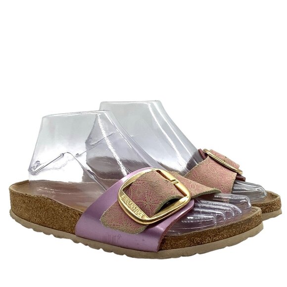 Birkenstock Madrid Gold Big Buckle Sandals 5 36 Pink Print Single Strap Slide - Picture 3 of 12